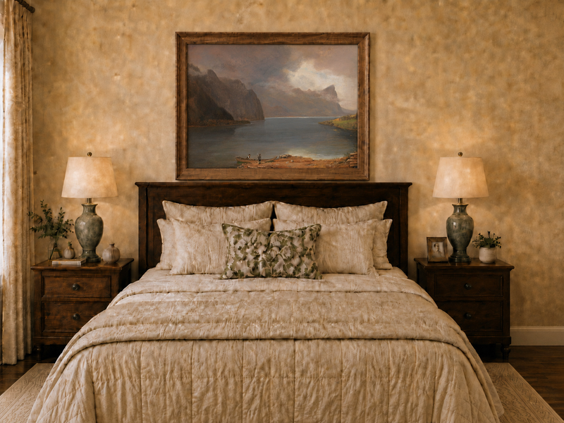 Landscape Oil Painting - Mountain Lake Steep Cliffs Boat