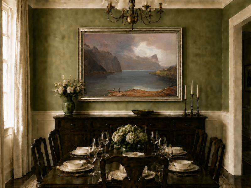 Landscape Oil Painting - Mountain Lake Steep Cliffs Boat