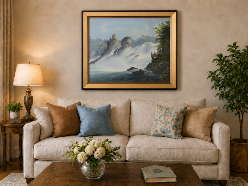 Landscape Oil Painting - Majestic Waterfall and Riverside View