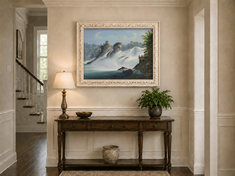 Landscape Oil Painting - Majestic Waterfall and Riverside View