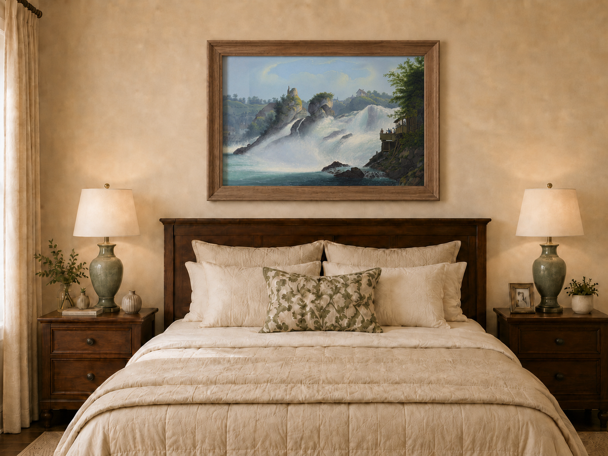 Landscape Oil Painting - Majestic Waterfall and Riverside View