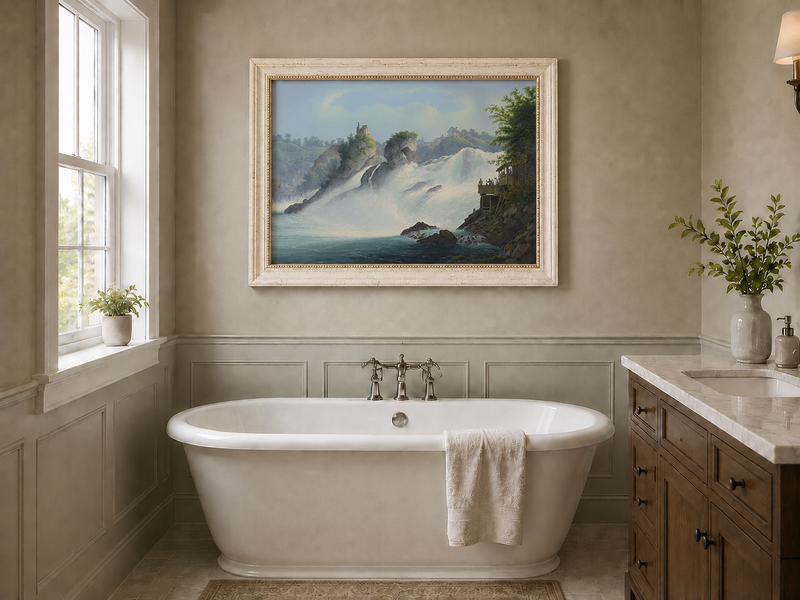Landscape Oil Painting - Majestic Waterfall and Riverside View