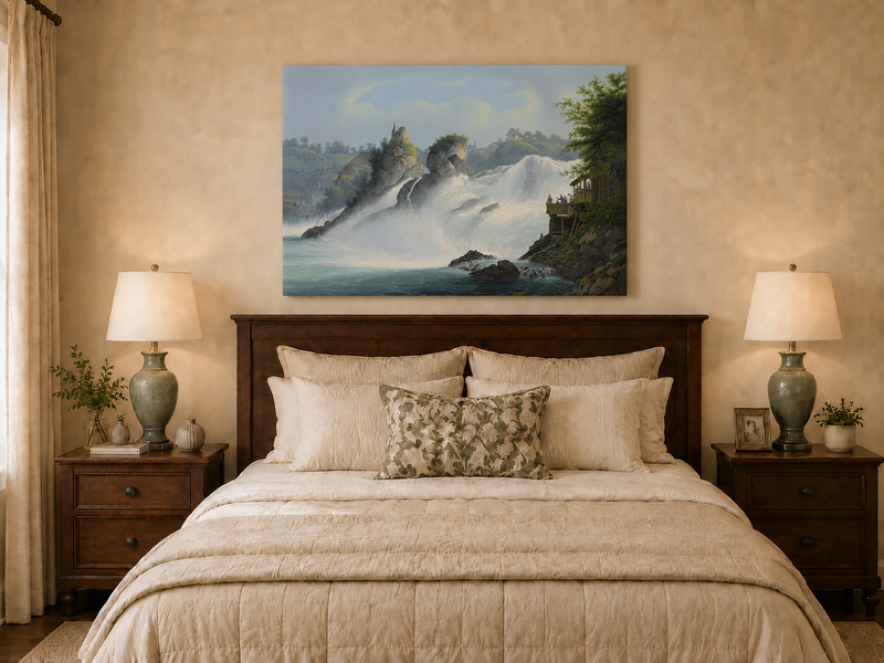 Landscape Oil Painting - Majestic Waterfall and Riverside View