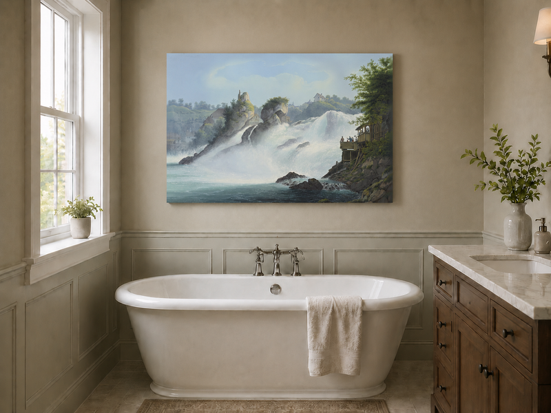 Landscape Oil Painting - Majestic Waterfall and Riverside View