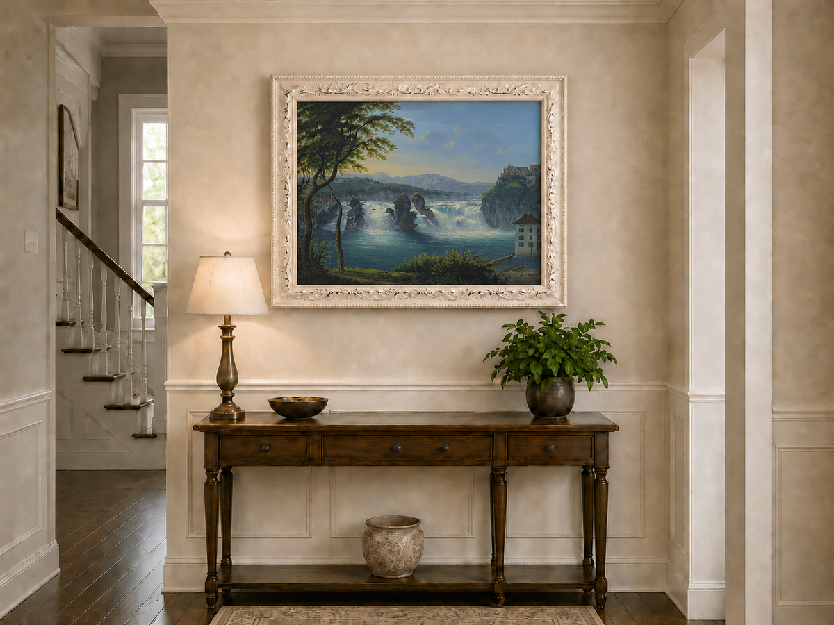 Landscape Oil Painting - Grand Waterfall and Riverside Castle