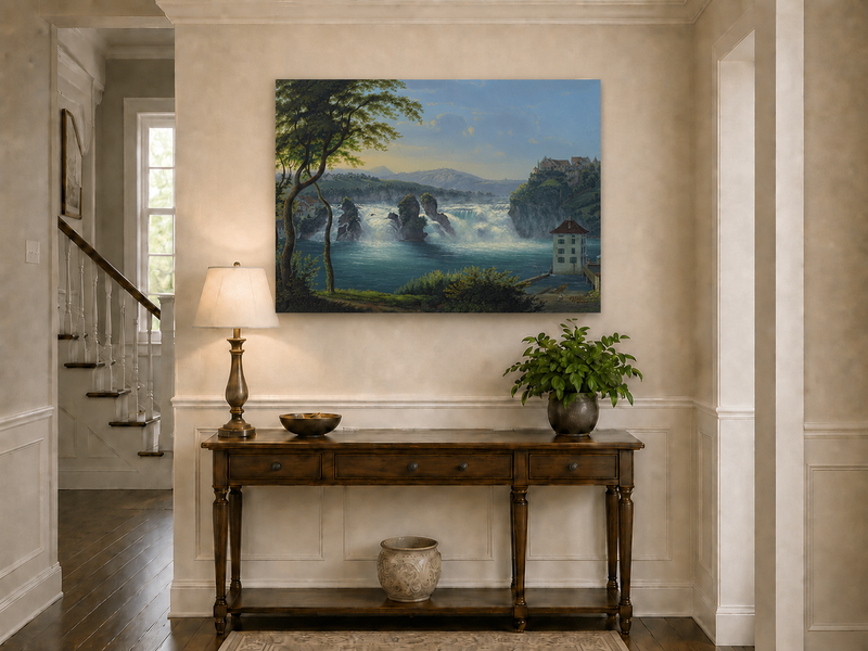Landscape Oil Painting - Grand Waterfall and Riverside Castle
