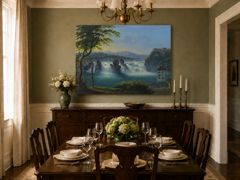 Landscape Oil Painting - Grand Waterfall and Riverside Castle