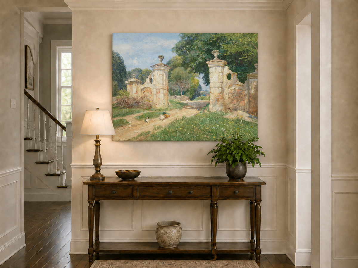 Landscape Oil Painting - Rustic Garden Gate and Country Lane
