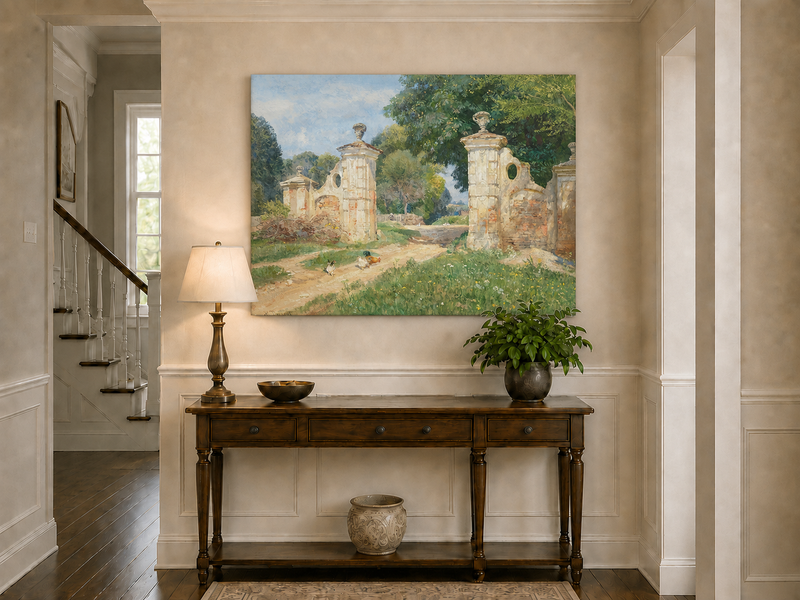 Landscape Oil Painting - Rustic Garden Gate and Country Lane