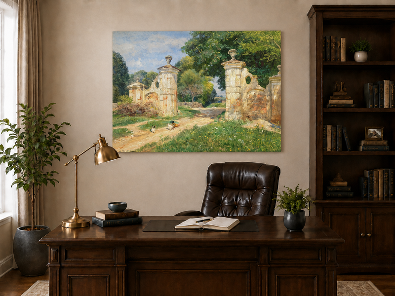 Landscape Oil Painting - Rustic Garden Gate and Country Lane
