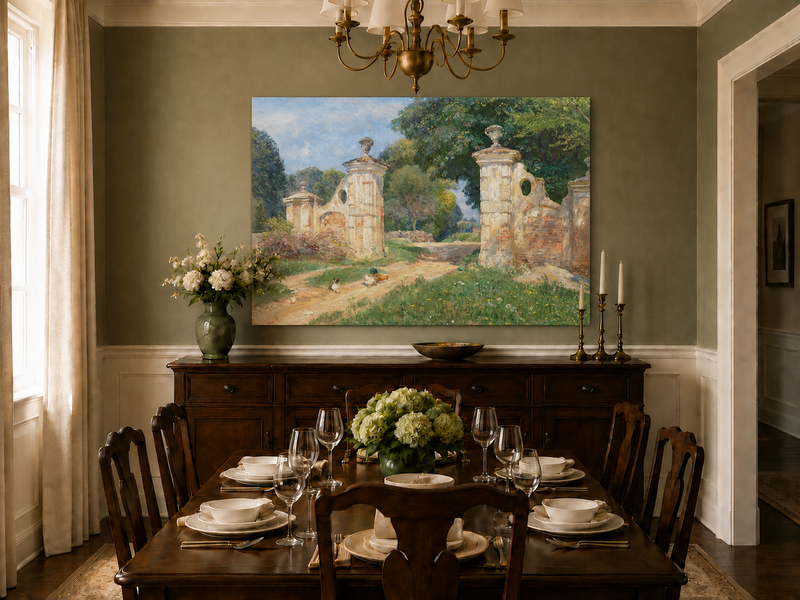 Landscape Oil Painting - Rustic Garden Gate and Country Lane