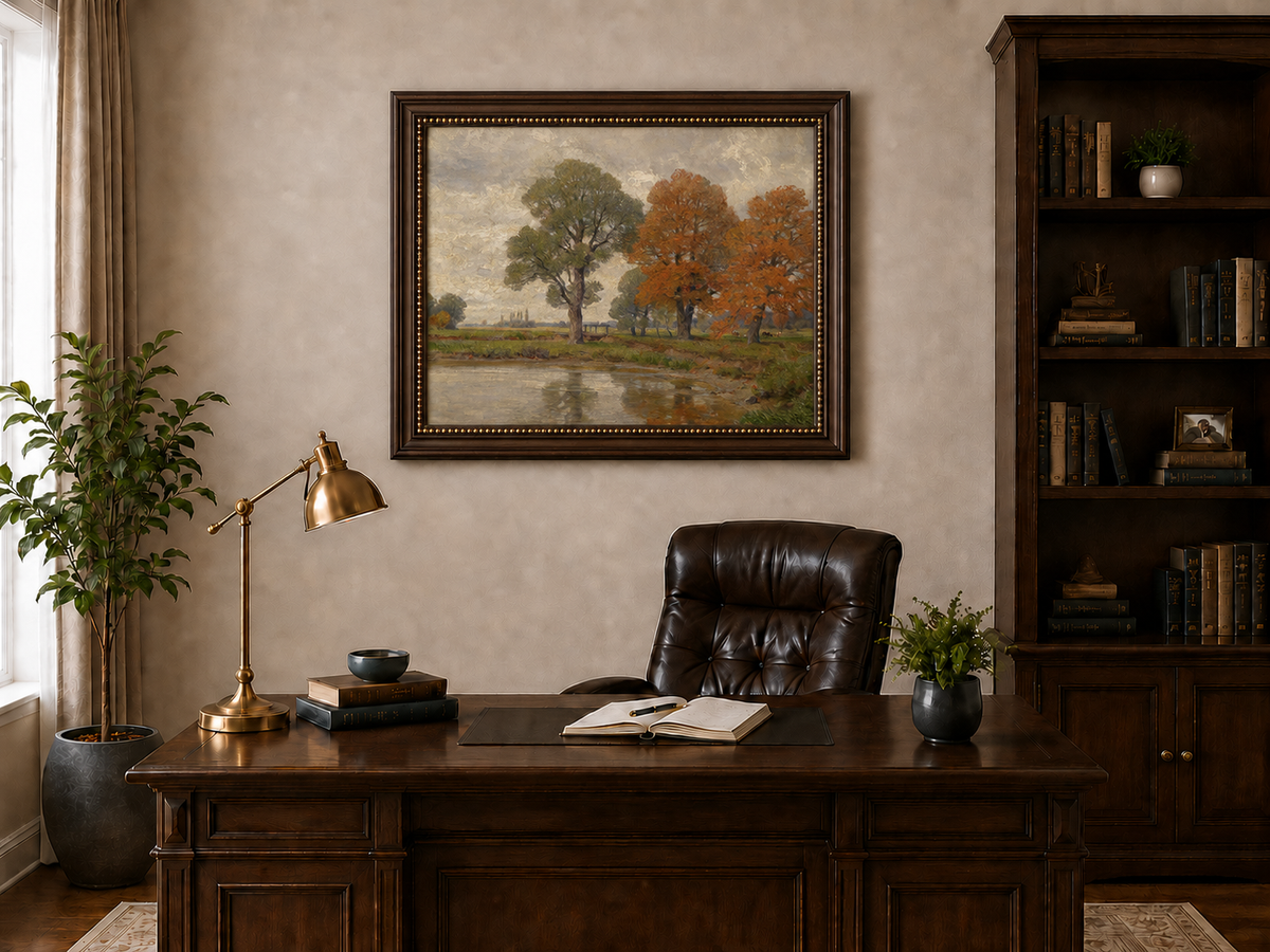 Landschaft Ölgemälde - Herbstliches Flussufer & Farbenfrohe Bäume