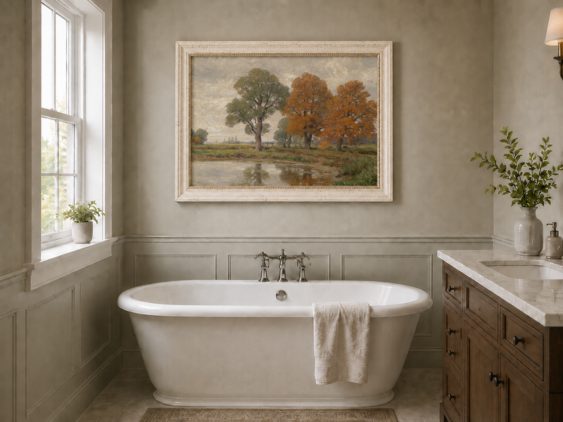 Landschaft Ölgemälde - Herbstliches Flussufer & Farbenfrohe Bäume