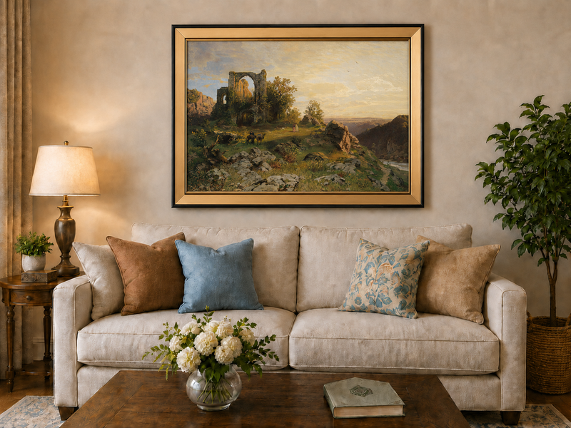 Landscape Oil Painting - Abbey Ruins on Rocky Valley Cliff