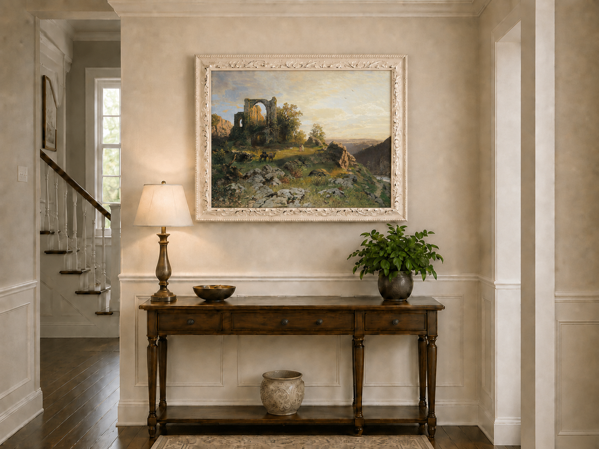 Landscape Oil Painting - Abbey Ruins on Rocky Valley Cliff