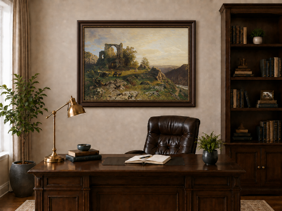 Landscape Oil Painting - Abbey Ruins on Rocky Valley Cliff