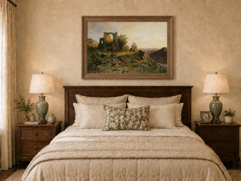 Landscape Oil Painting - Abbey Ruins on Rocky Valley Cliff