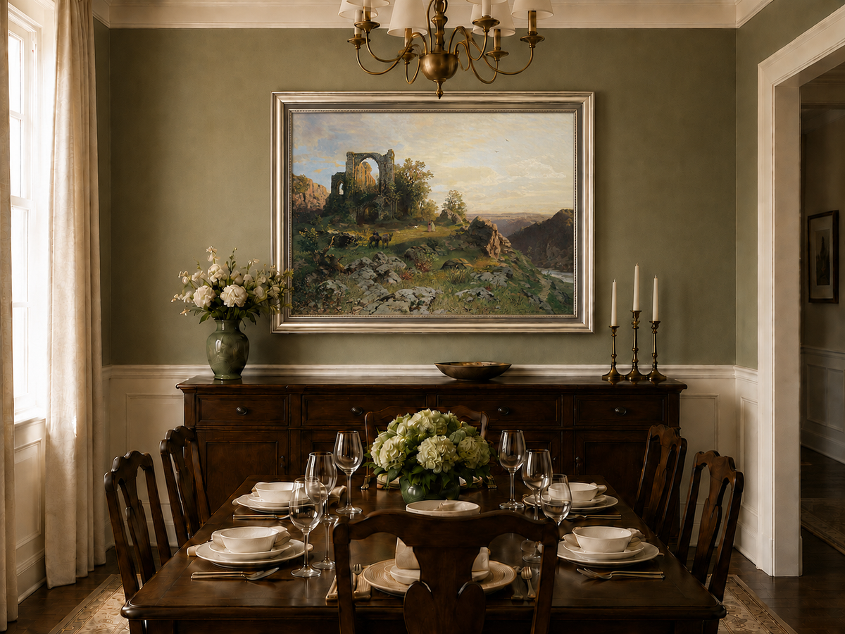 Landscape Oil Painting - Abbey Ruins on Rocky Valley Cliff