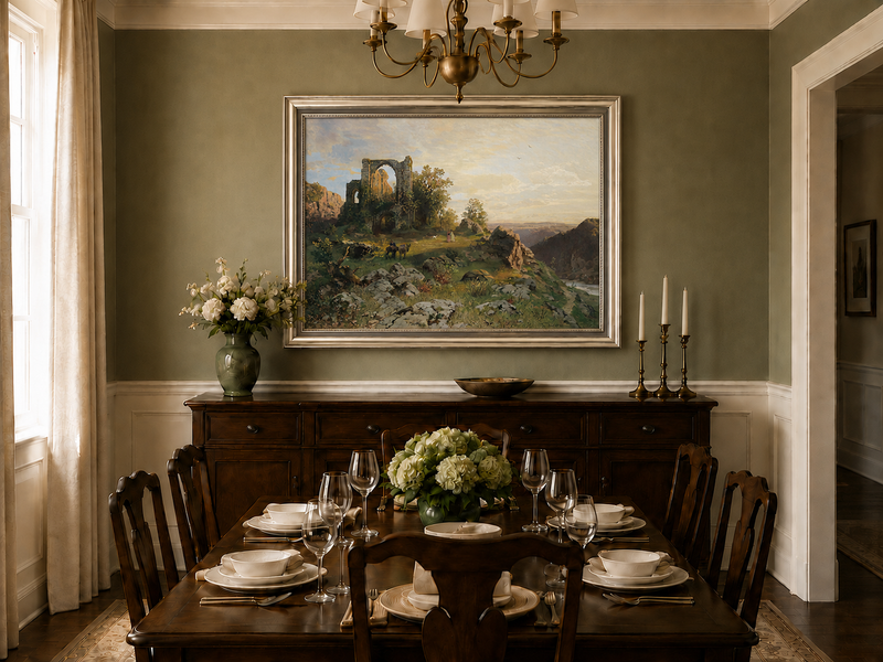 Landscape Oil Painting - Abbey Ruins on Rocky Valley Cliff