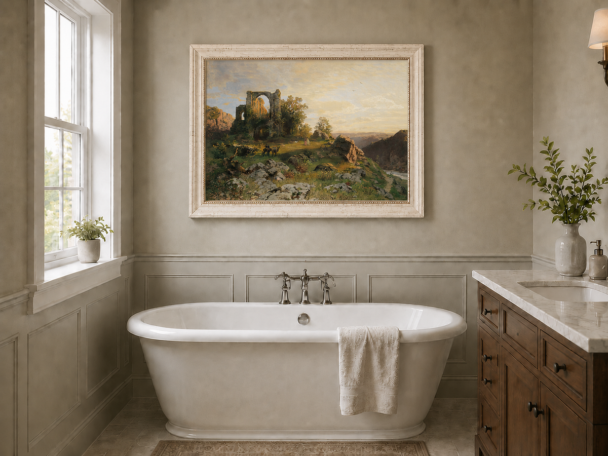 Landscape Oil Painting - Abbey Ruins on Rocky Valley Cliff