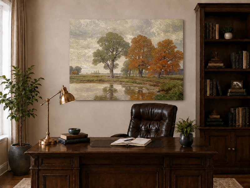 Landschaft Ölgemälde - Herbstliches Flussufer & Farbenfrohe Bäume