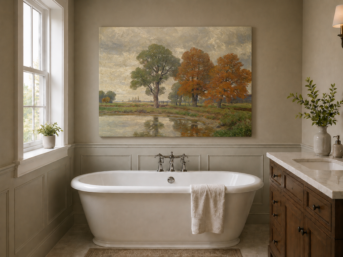Landschaft Ölgemälde - Herbstliches Flussufer & Farbenfrohe Bäume