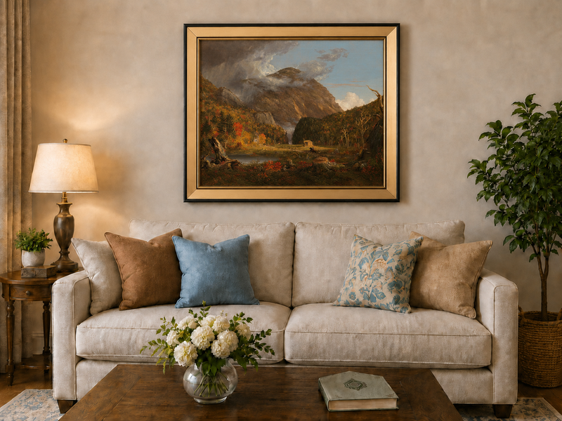 Peinture à l'huile de paysage - Scène de rivière hivernale avec personnages et chevaux