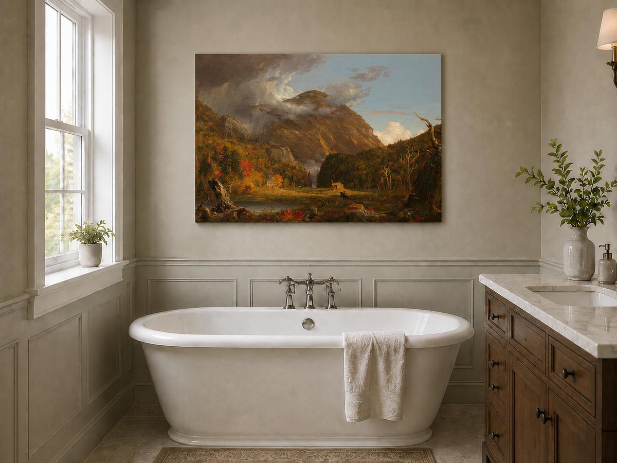 Peinture à l'huile de paysage - Scène de rivière hivernale avec personnages et chevaux