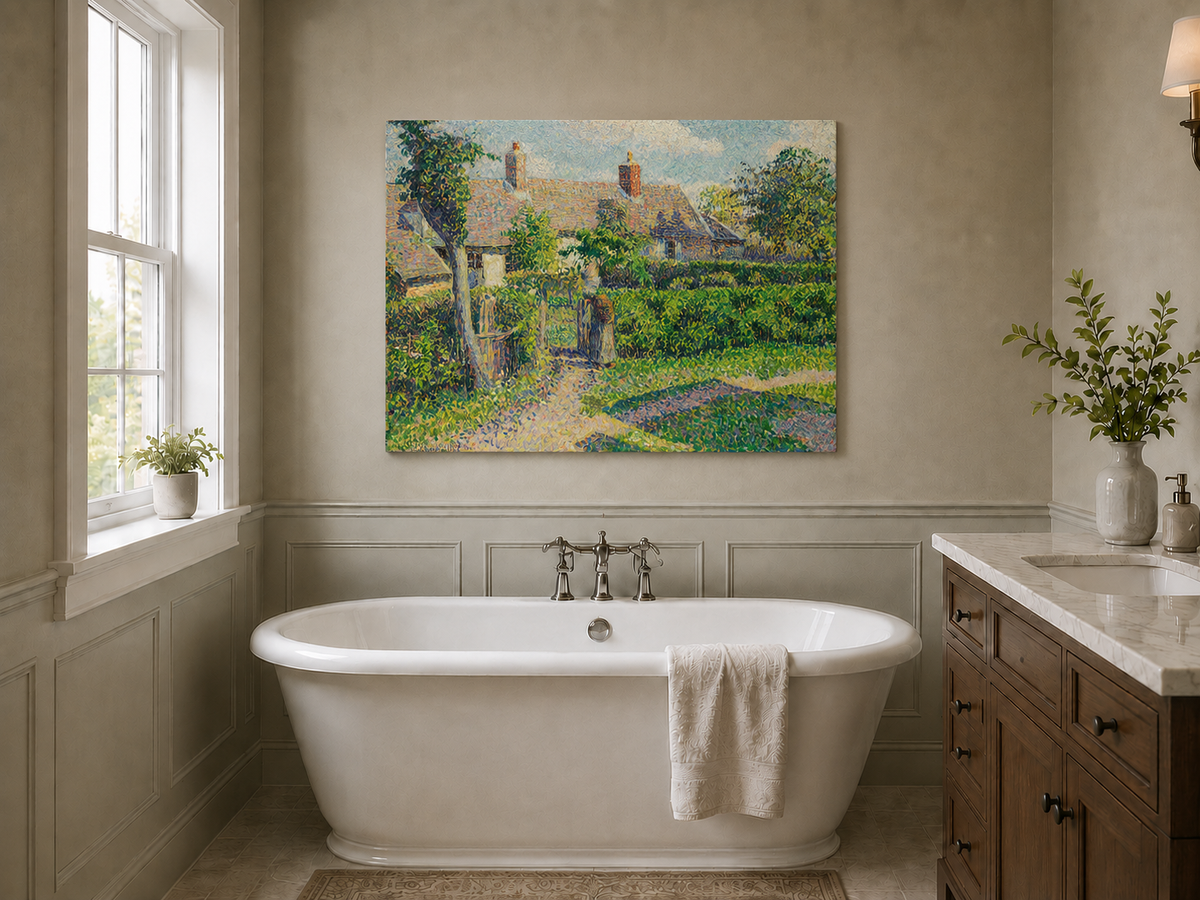 Peinture à l'huile de paysage - Village côtier avec phare et coucher de soleil