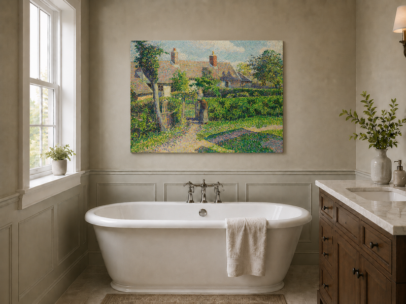 Peinture à l'huile de paysage - Village côtier avec phare et coucher de soleil