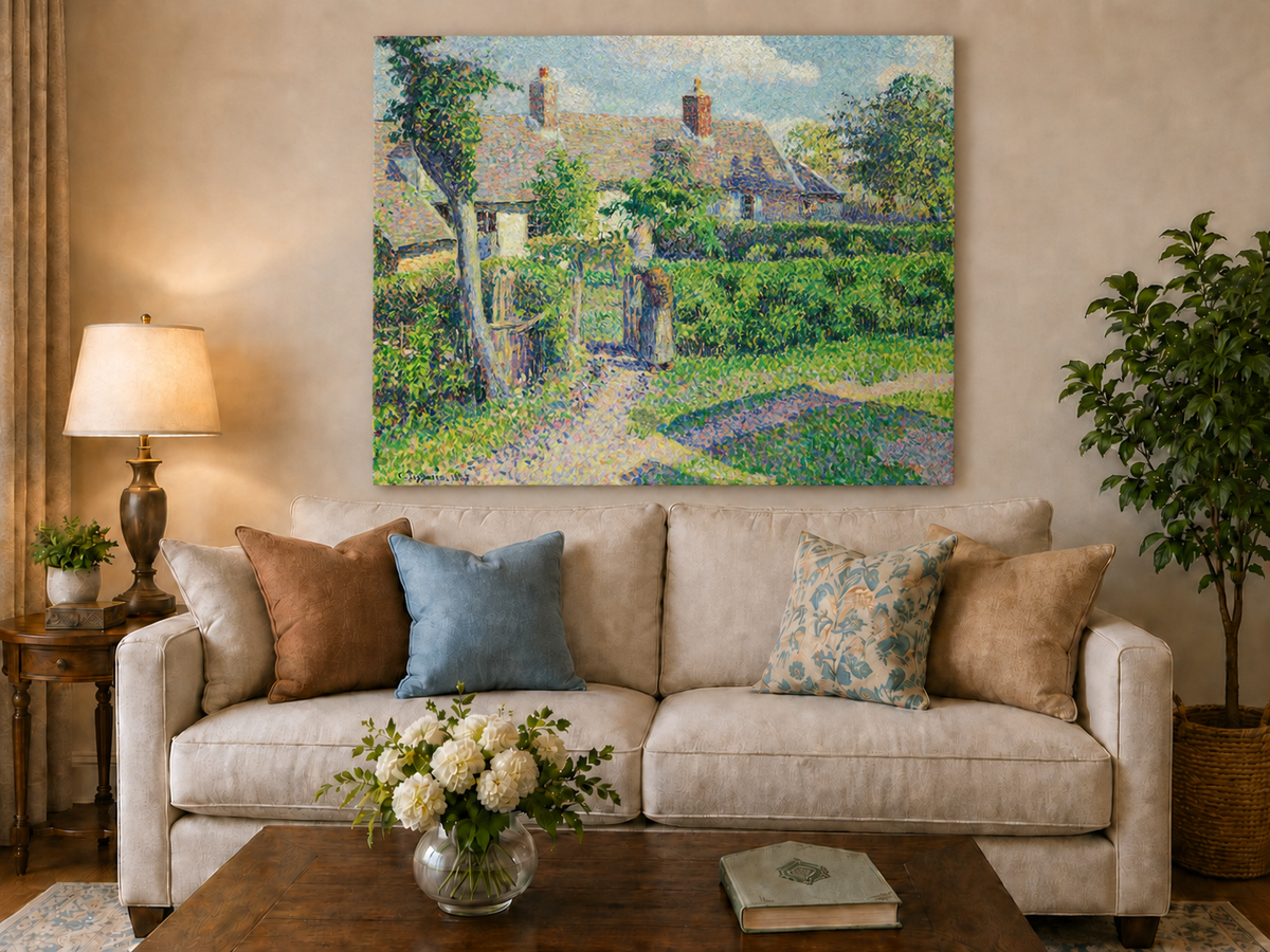 Peinture à l'huile de paysage - Village côtier avec phare et coucher de soleil