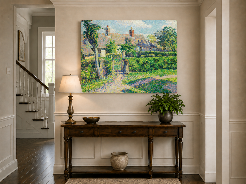 Peinture à l'huile de paysage - Village côtier avec phare et coucher de soleil