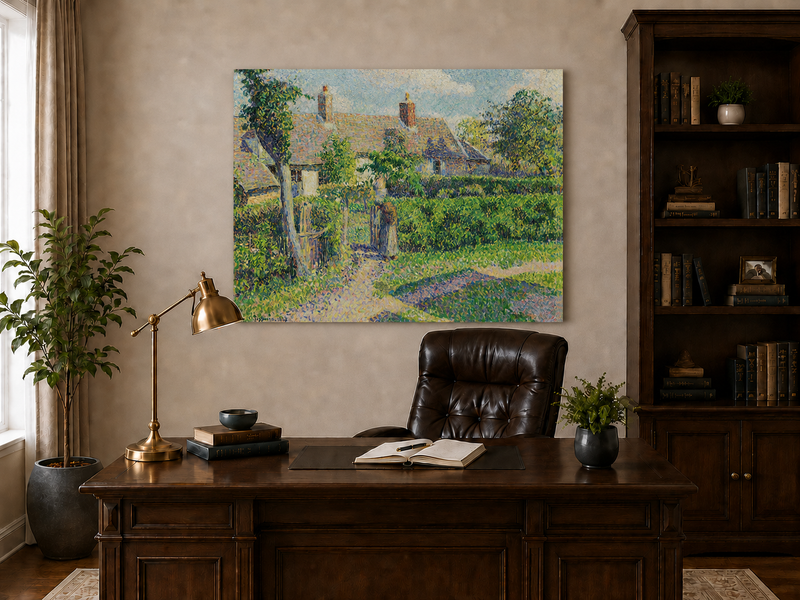 Peinture à l'huile de paysage - Village côtier avec phare et coucher de soleil