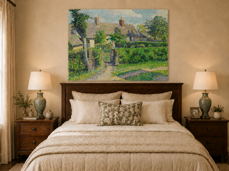 Peinture à l'huile de paysage - Village côtier avec phare et coucher de soleil