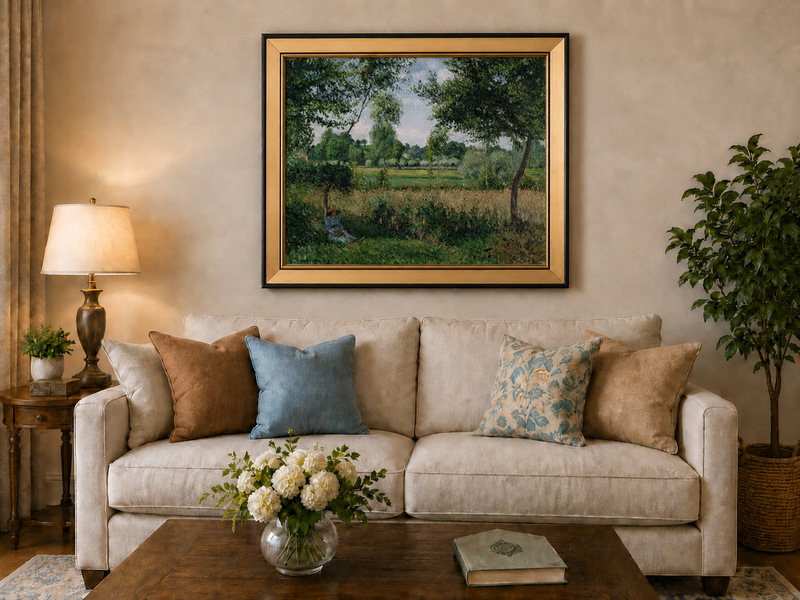 Peinture à l'huile de paysage - Village côtier avec phare et coucher de soleil