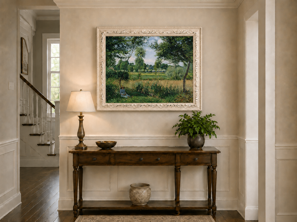 Peinture à l'huile de paysage - Village côtier avec phare et coucher de soleil