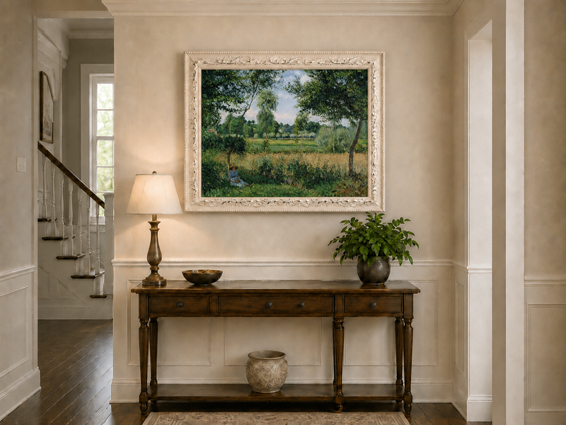 Peinture à l'huile de paysage - Village côtier avec phare et coucher de soleil