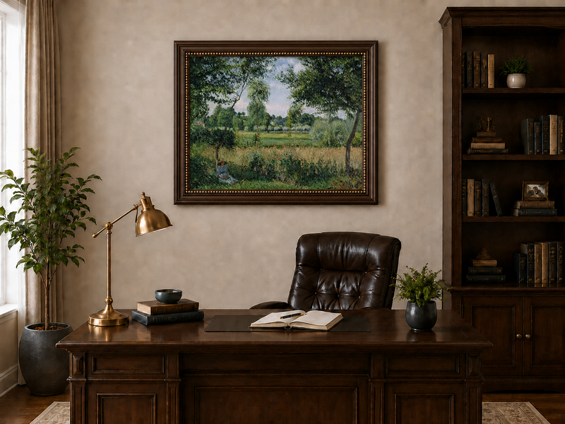 Peinture à l'huile de paysage - Village côtier avec phare et coucher de soleil