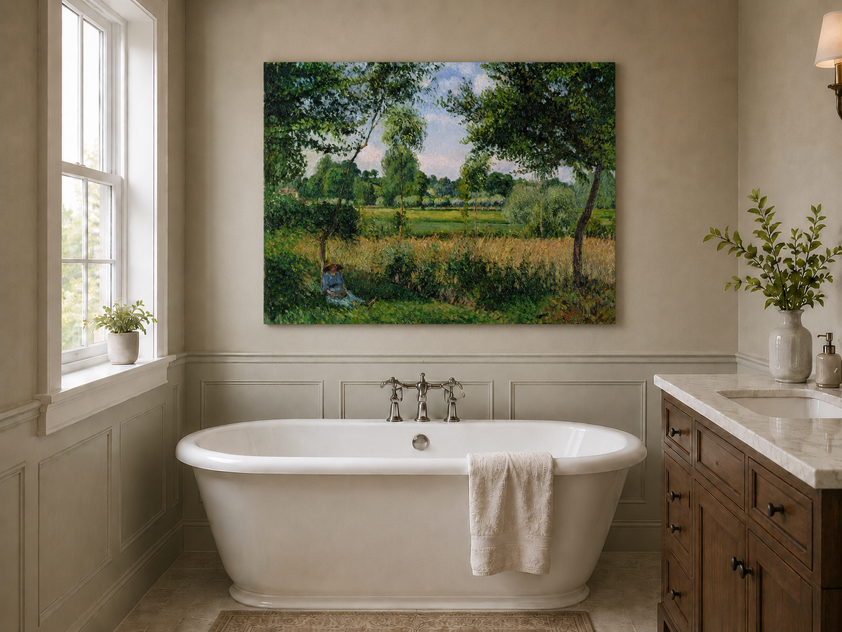 Peinture à l'huile de paysage - Village côtier avec phare et coucher de soleil