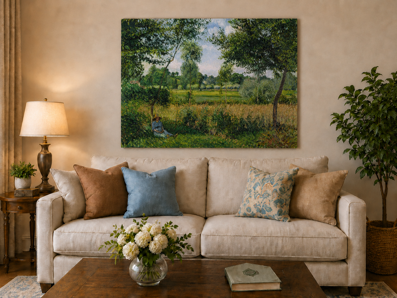 Peinture à l'huile de paysage - Village côtier avec phare et coucher de soleil