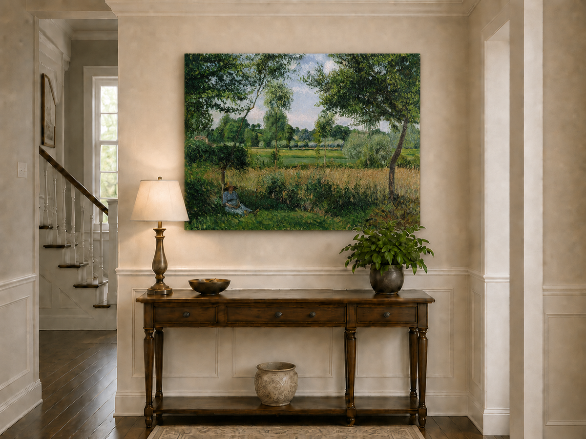Peinture à l'huile de paysage - Village côtier avec phare et coucher de soleil