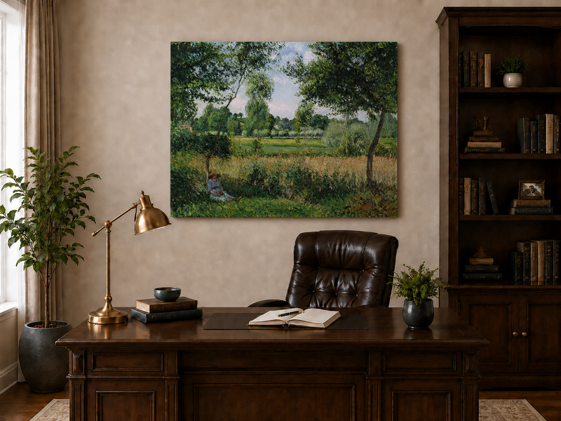 Peinture à l'huile de paysage - Village côtier avec phare et coucher de soleil