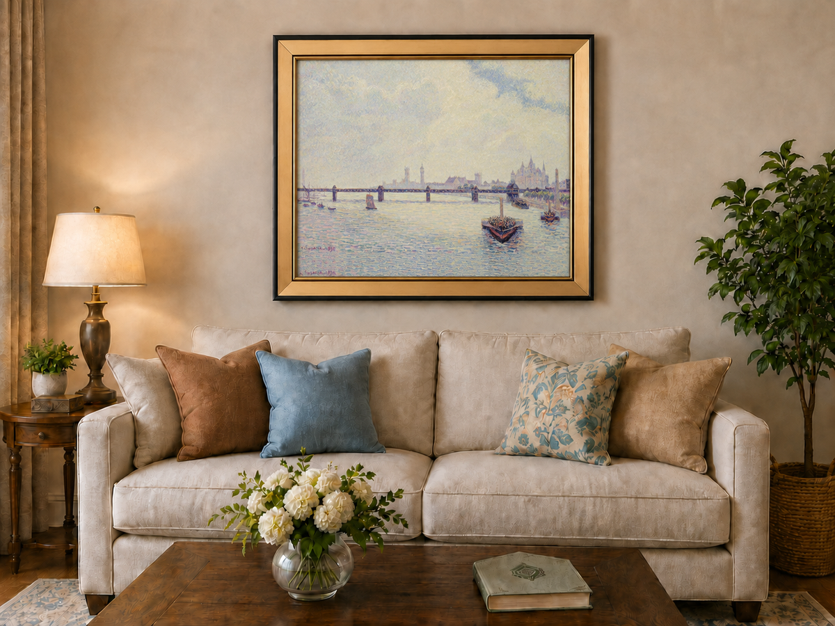 Landscape Oil Painting - River Bridge View with Boats and City