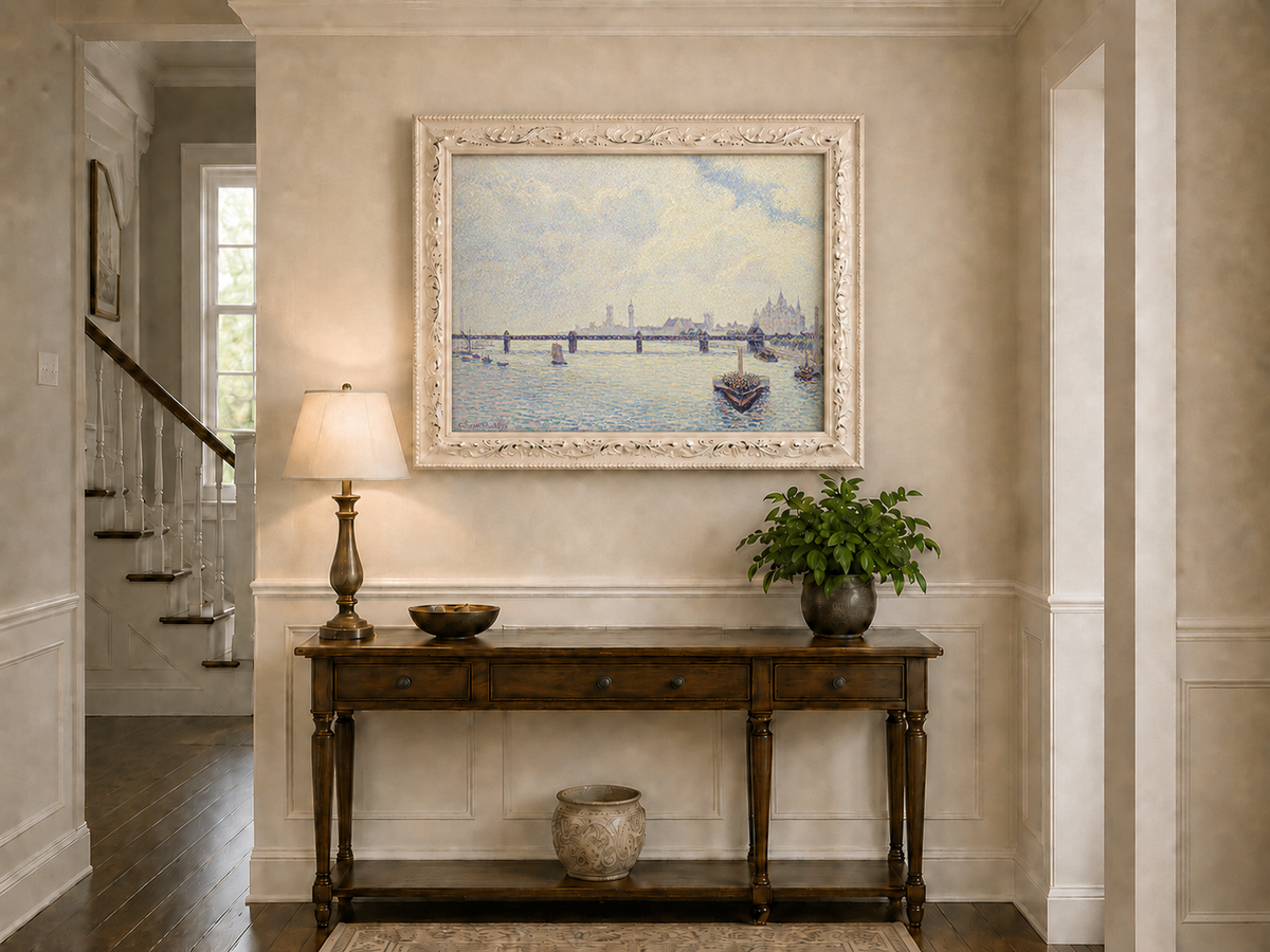 Landscape Oil Painting - River Bridge View with Boats and City