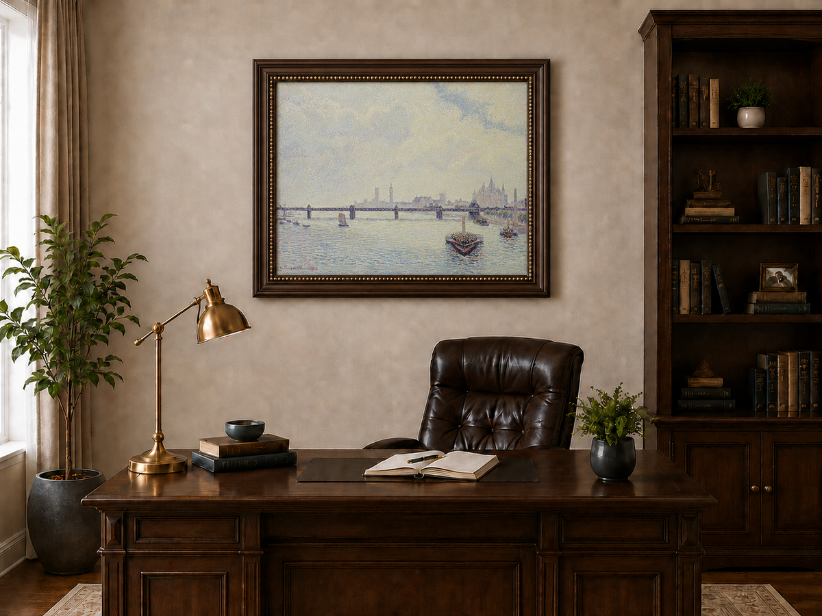 Landscape Oil Painting - River Bridge View with Boats and City