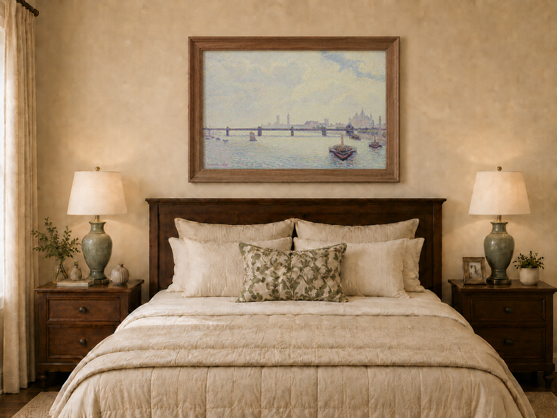 Landscape Oil Painting - River Bridge View with Boats and City