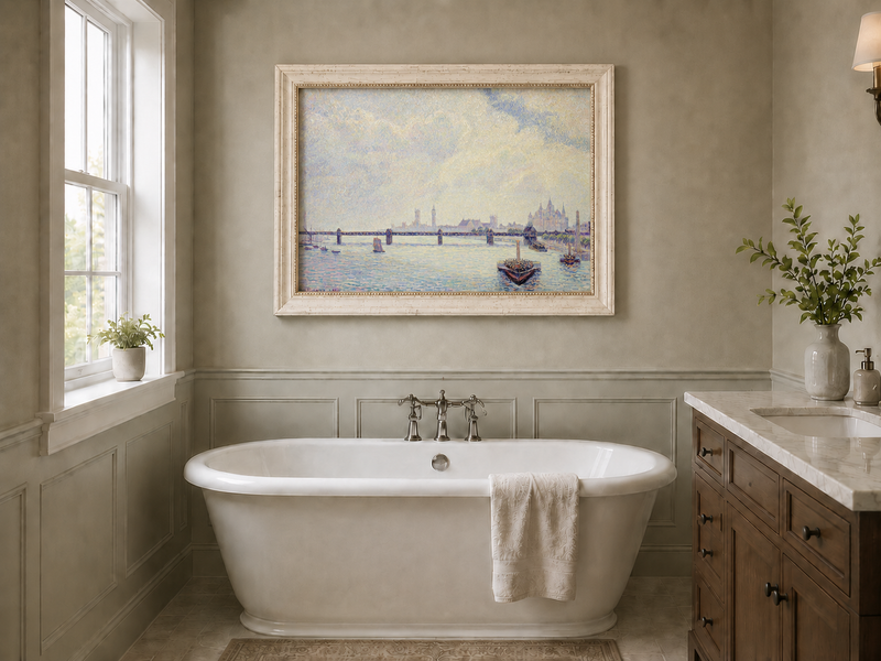Landscape Oil Painting - River Bridge View with Boats and City