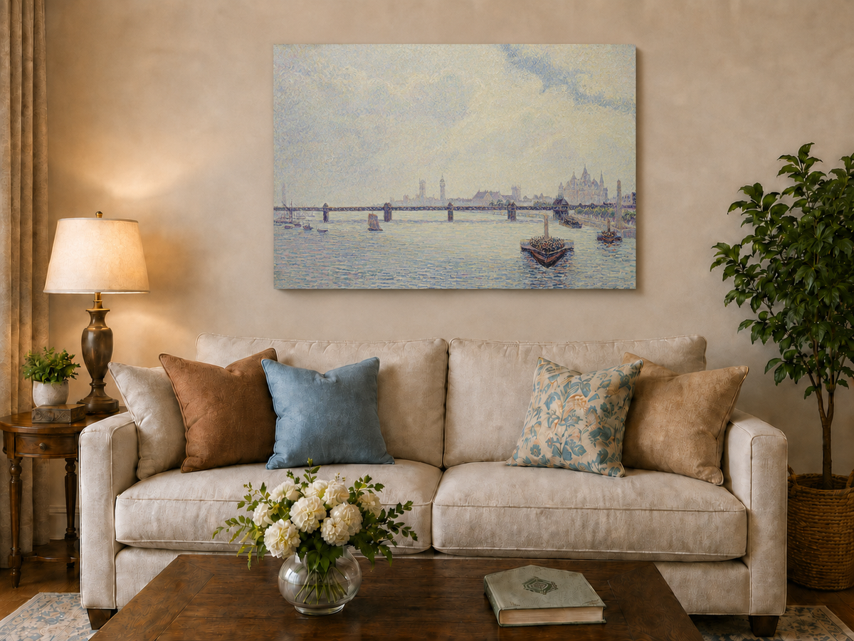 Landscape Oil Painting - River Bridge View with Boats and City