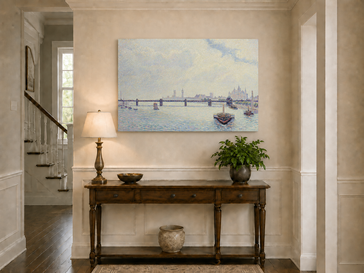 Landscape Oil Painting - River Bridge View with Boats and City