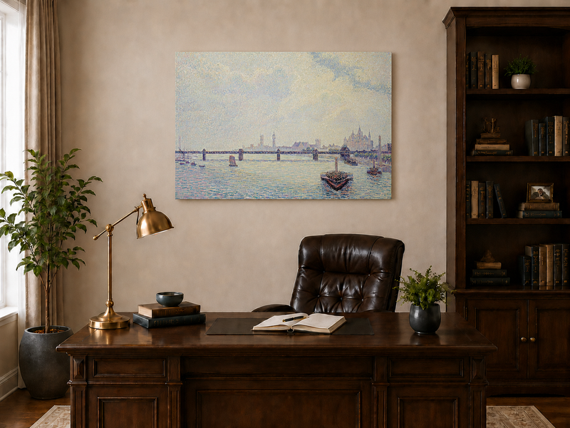 Landscape Oil Painting - River Bridge View with Boats and City